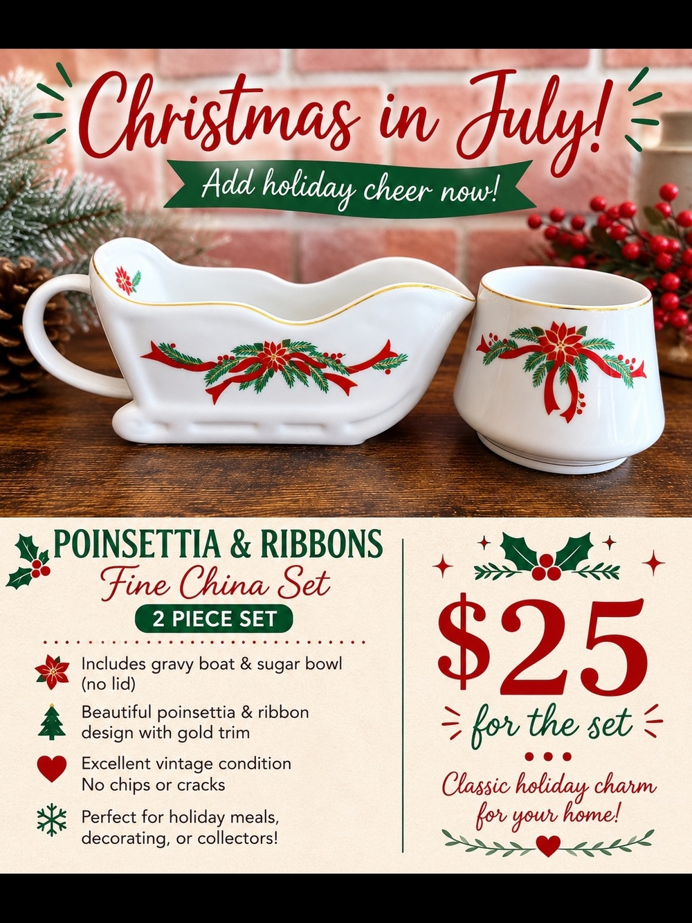 Vintage Poinsettia Ribbons Fine China Gravy Boat Sugar Bowl Set Christmas Xmas